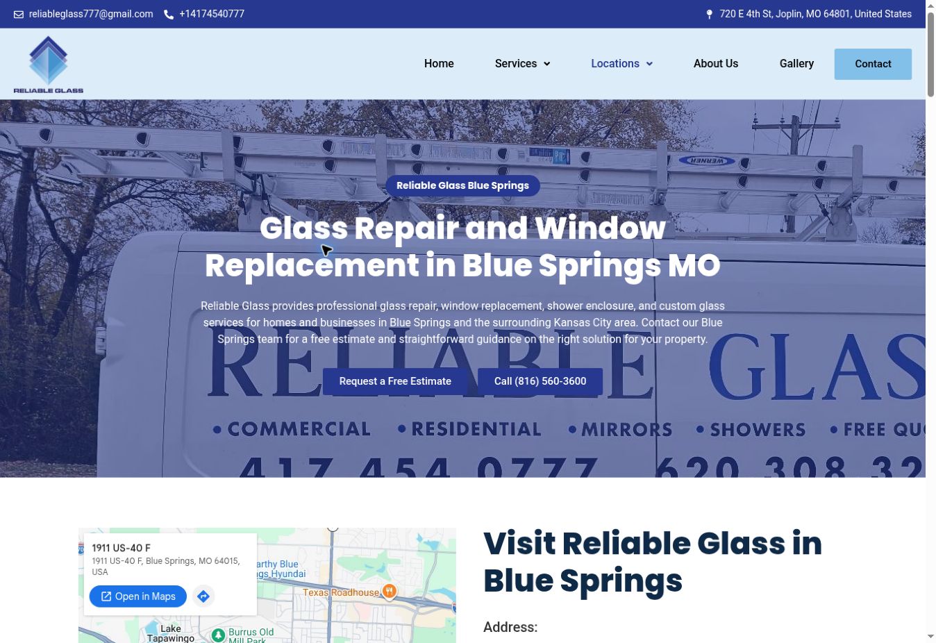 Reliable Glass Blue Springs service page with estimate and phone buttons