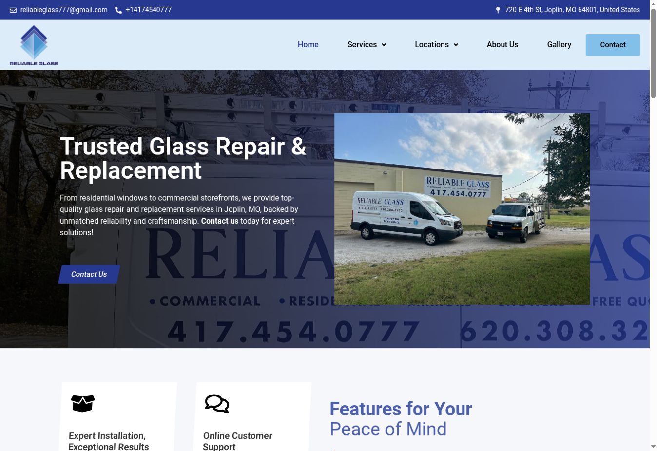 Reliable Glass homepage with service information and company vehicles